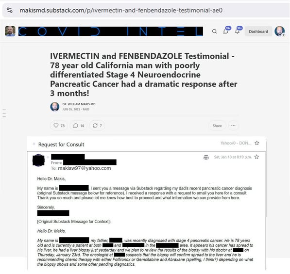 Сведоштво за ивермектин и фенбендазол кај пациент со неизлечив рак на панкреасот