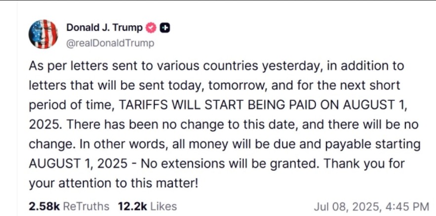 ТРАМП: Царините стапуваат во сила на 1 август, нема да има продолжување