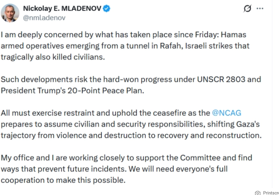 Шефот на Одборот за мир на Трамп, Николај Младенов, повика на почитување на примирјето во Газа