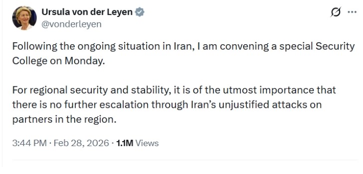 Фон дер Лајен за понеделник свика состанок за безбедност