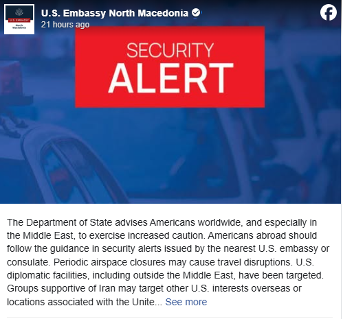 АЛЕРТ ЗА АМЕРИКАНЦИТЕ: И амбасадата на САД во Македонија објави безбедносно предупредување до сите американски граѓани