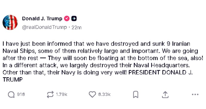 ТРАМП: Уништивме девет ирански воени бродови