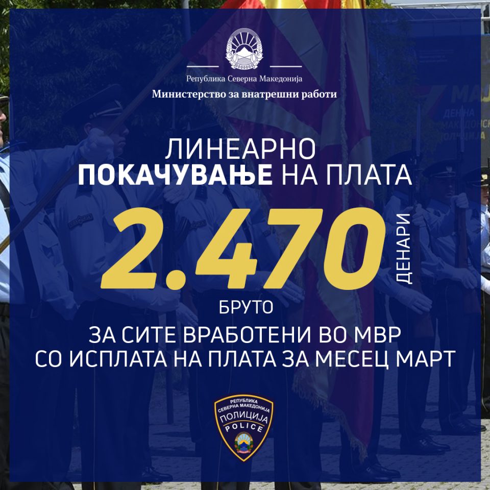МВР: Линеарно се зголемени платите за сите вработени во бруто износ од 2.470 денари и тоа почнувајќи со исплата на платата за март