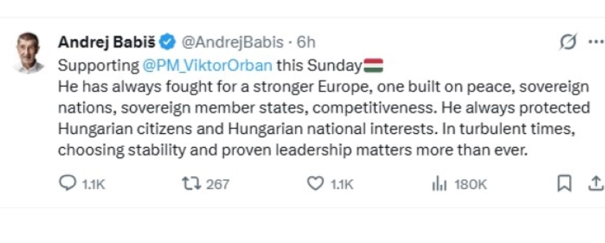 Чешкиот премиер Бабиш со поддршка за Орбан пред утрешните избори во Унгарија